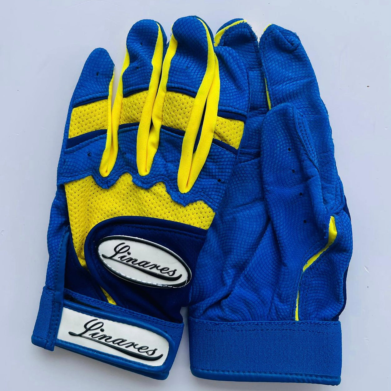 Blue and yellow sales batting gloves